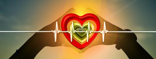 drawn cardiogram on a background of hearts from the hands