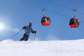 photo of a man on a ski slope on the background of the cable car in the Alps