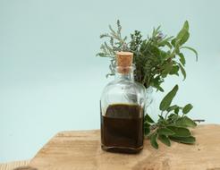 Aromatherapy, Bottle with dark liquid and aromatic Herbs