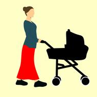 woman pushing pram, drawing