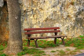 wooden bench on a cliff background in a quiet park