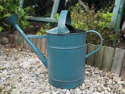 metal blue watering can in the garden