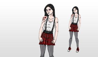 painted girl with tattoo in short red skirt