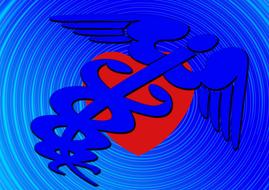 Blue and red sign with the snake on the rod, and red heart, at blue background with the waves, clipart