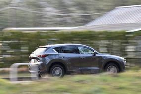 Beautiful, shiny Mazda car in motion on the road, among the colorful plants