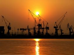 silhouettes of port cranes at dusk