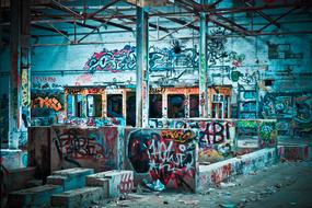 graffiti in blue old abandoned factory