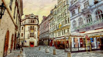 historical buildings on street in old town, digital art