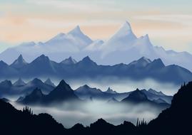 Beautiful illustration of the mountains in fog