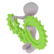 White figure with green gears, at white background, clipart