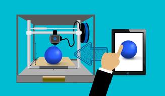 Person, working with the 3d printer and tablet, with the arrow, clipart