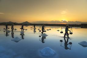 people walking with load through Salt fields at sunset, Vietnam, Hon Khoi