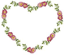 heart shaped frame with pink flowers and green leaves