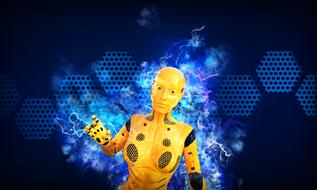 anthropomorphic robot at abstract futuristic background, digital art