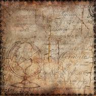 silhouettes of notes and globe on vintage paper