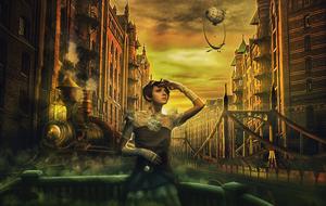 Beautiful, retro drawing of a girl in dress in the city in steampunk style
