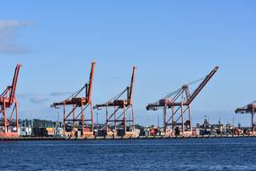 cargo cranes in an industrial port on a lake