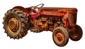 Colorful, old rusty "Massey Ferguson 55" tractor, at white background