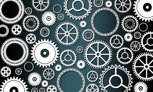 Different, white gears, at gradient, turquoise and black background, clipart