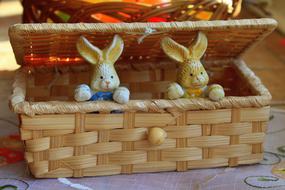 toy easter bunnies in a wicker box