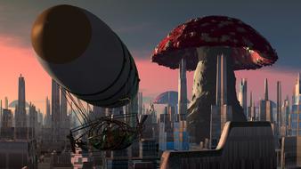 airship city mushroom fantastic sunset