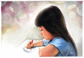 painted asian girl draws in wax crayon