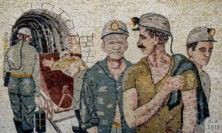 Beautiful and colorful mosaic with the miners with gear, in Agrokipia, Cyprus, Greece