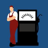 Clipart with the worker on an oil station, at blue background