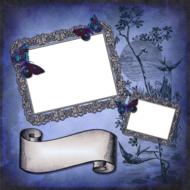 Beautiful drawing of the papers with colorful frames and scroll at violet background with the plant and butterflies