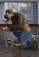 anthropomorphic bear, janitor in messy room, render