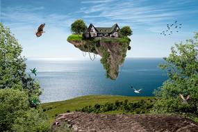 house on an island in the air as a fantasy