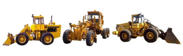 variety of heavy construction equipment as models on white background