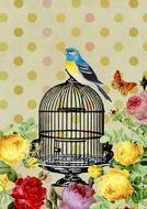 vintage background with flowers and bird perched cage