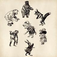 set of anthropomorphic animals, drawing