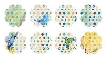 Beautiful and colorful, patterned tags with birds and feathers at white background