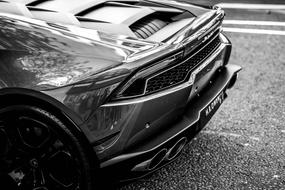 black and white photo of the front of a Lamborghini Huracan