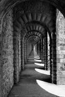 Black and white photo of brick arches