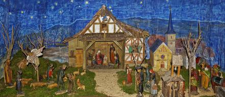 Clipart of painted village andd the birth of Jesus