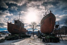 Abandoned Ships on beach at winter