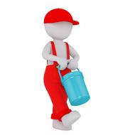 painted white man in red overalls with a blue bucket