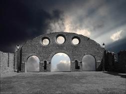 wall of old ruined building at sky, collage