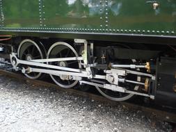 metal wheels of a steam locomotive