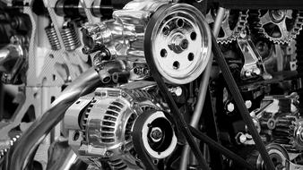 black and white photo of a car engine