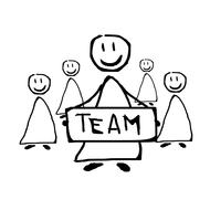 Black and white drawing of the person, holding banner with the "TEAM" sign, in the group, at white background, clipart