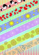 Beautiful and colorful lines with Yin Yang, red hearts, yellow lights and other patterns on clipart