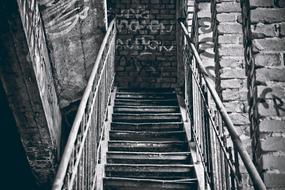 staircase in Abandoned building, black and white