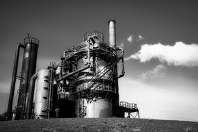 Black and white photo of the Gas Works Park Industry under sky with clouds in Seattle, Washington