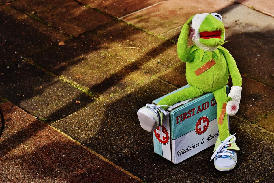 Wounded Kermit sits on a first-aid kit on the ground in shadow and light