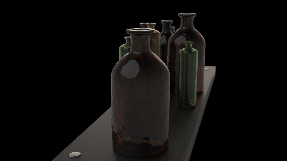 vintage bottles made of old glass at dark background