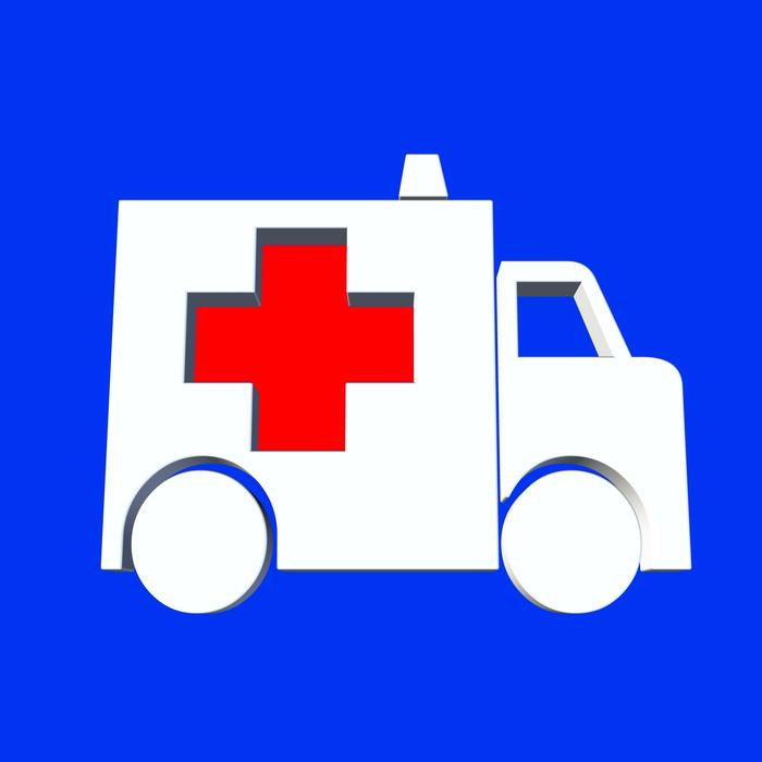 Red and white painted ambulance on a blue background